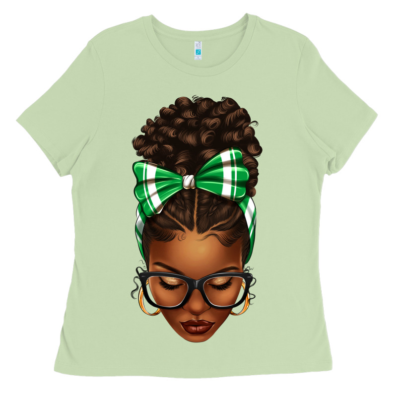 Afro Messy Bun Green And White Bow Ladies Tee by texasbilliewilder | Teevron