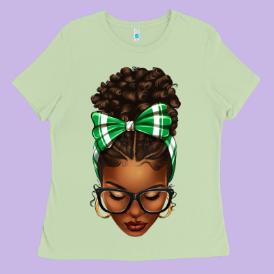 Afro Messy Bun Green And White Bow Ladies Tee Designed By Texasbilliewilder