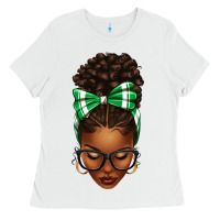 White Afro Messy Bun Green and White Bow Ladies Tee - texasbilliewilder