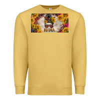 Antique Gold mess bun mama with sunflowers and colorful leopard license plate Premium Sweatshirt - BarkalooDesign