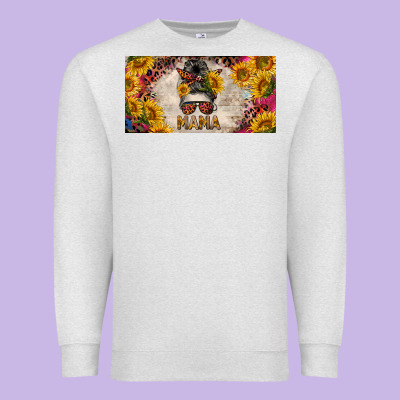 Mess Bun Mama With Sunflowers And Colorful Leopard License Plate Premium Sweatshirt Designed By Barkaloodesign