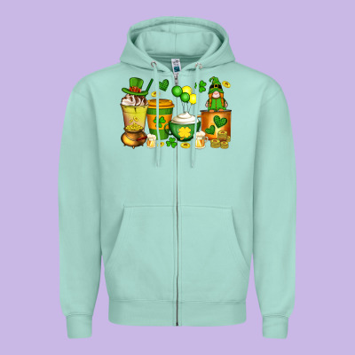 St Patrick's Day Coffee Cups With Gnome Zipper Hoodie Designed By Artiststas
