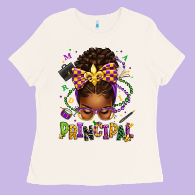 Mardi Gras Principal Afro Messy Bun Ladies Tee Designed By Texasbilliewilder