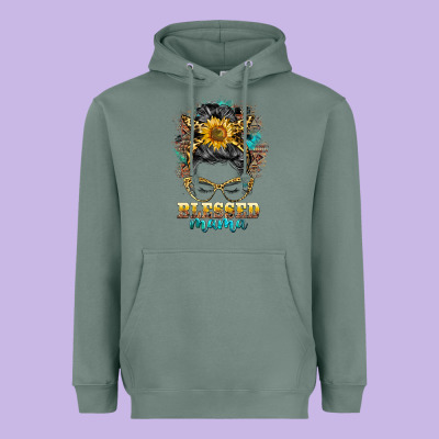 Blessed Mama Messy Bun Heavyweight Hoodie Designed By Barkaloodesign