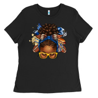 Black blue and gold american football afro messy bun Ladies Tee - texasbilliewilder