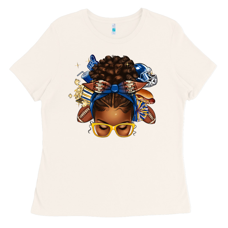 Blue And Gold American Football Afro Messy Bun Ladies Tee by texasbilliewilder | Teevron