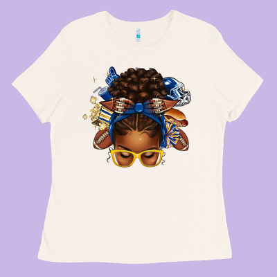 Blue And Gold American Football Afro Messy Bun Ladies Tee Designed By Texasbilliewilder