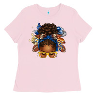 Bubblegum Pink blue and gold american football afro messy bun Ladies Tee - texasbilliewilder