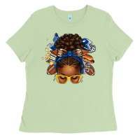 Matcha blue and gold american football afro messy bun Ladies Tee - texasbilliewilder