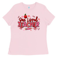Bubblegum Pink one loved teacher afro messy bun Ladies Tee - texasbilliewilder