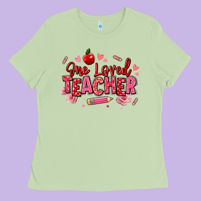 One Loved Teacher Afro Messy Bun Ladies Tee Designed By Texasbilliewilder