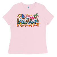 Bubblegum Pink the beach is my happy place Ladies Tee - NancyCooperArtShop
