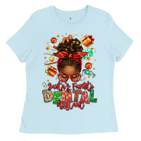 Baby Blue Santa's Favorite Dental Assistant Afro Messy Bun Ladies Tee - texasbilliewilder
