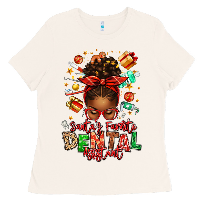 Santa's Favorite Dental Assistant Afro Messy Bun Ladies Tee by texasbilliewilder | Teevron
