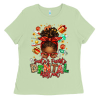 Matcha Santa's Favorite Dental Assistant Afro Messy Bun Ladies Tee - texasbilliewilder