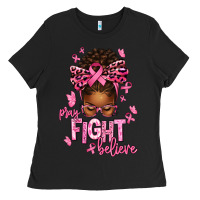Black pray fight believe breast cancer afro messy Ladies Tee - texasbilliewilder