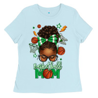 Baby Blue Basketball Mom Afro Messy Bun Ladies Tee - texasbilliewilder