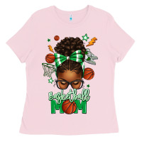 Bubblegum Pink Basketball Mom Afro Messy Bun Ladies Tee - texasbilliewilder