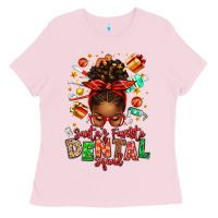 Bubblegum Pink Santa's Favorite Dental Squad Afro Messy Bun Ladies Tee - texasbilliewilder