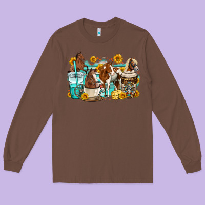 Horses Coffee Cups Long Sleeve Tee Designed By Oliviacreatesart