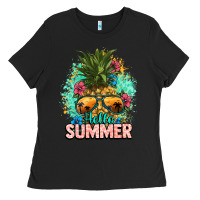 Black Hello summer pineapple Ladies Tee - NancyCooperArtShop