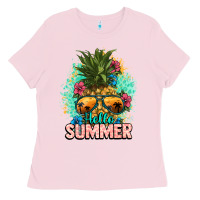 Bubblegum Pink Hello summer pineapple Ladies Tee - NancyCooperArtShop