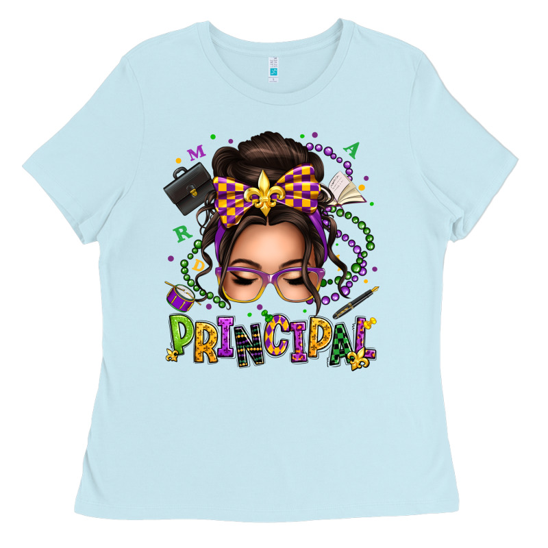 Mardi Gras Principal Caucasian Messy Bun Ladies Tee by texasbilliewilder | Teevron