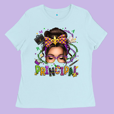 Mardi Gras Principal Caucasian Messy Bun Ladies Tee Designed By Texasbilliewilder