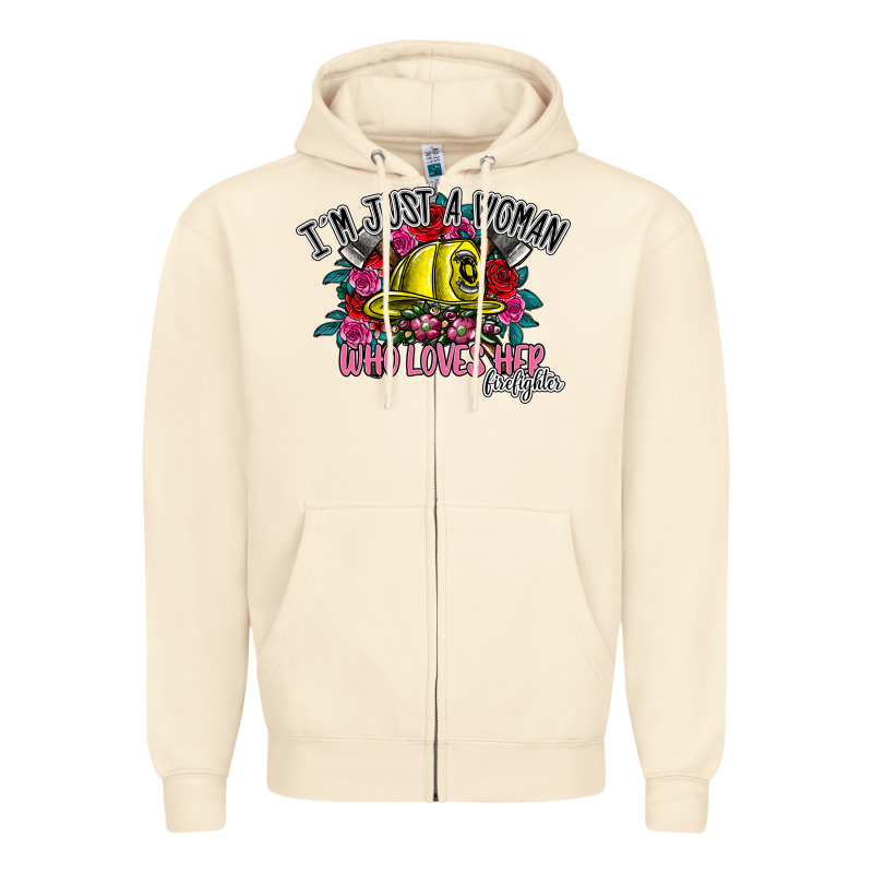 Im Just A Woman Who Loves Her Firefighter Zipper Hoodie by SublimationCraftShop | Teevron