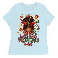 Baby Blue Santa's Favorite Medicaid Analyst Afro Messy Bun Ladies Tee - texasbilliewilder
