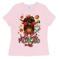 Bubblegum Pink Santa's Favorite Medicaid Analyst Afro Messy Bun Ladies Tee - texasbilliewilder