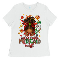 White Santa's Favorite Medicaid Analyst Afro Messy Bun Ladies Tee - texasbilliewilder