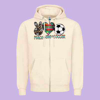 Peace Love Soccer Zipper Hoodie Designed By Cowhidedigitalart