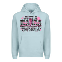 Blue Mist Just a Mama Out Here Trying Not To Raise Assholes Premium Hoodie - CowhideDigitalArt