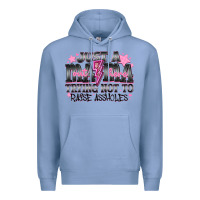 Colony Blue Just a Mama Out Here Trying Not To Raise Assholes Premium Hoodie - CowhideDigitalArt