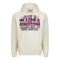Oatmeal Heather Just a Mama Out Here Trying Not To Raise Assholes Premium Hoodie - CowhideDigitalArt