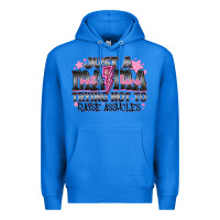 True Royal Just a Mama Out Here Trying Not To Raise Assholes Premium Hoodie - CowhideDigitalArt