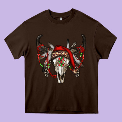 Western Christmas Bull Skull Heavy Core Tee Designed By Ranaportraitstore