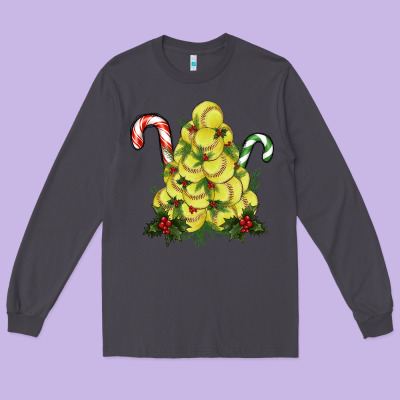 Softball Christmas Tree Long Sleeve Tee Designed By Ranaportraitstore