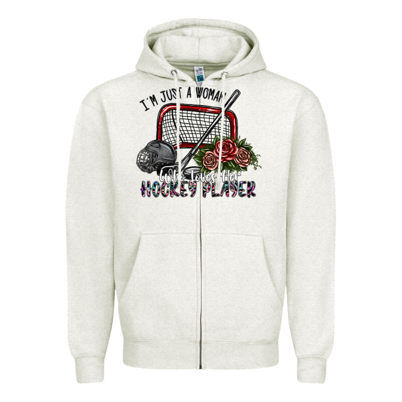 I'm Just A Woman Who Loves Her Hockey Player Zipper Hoodie by SublimationCraftShop | Teevron