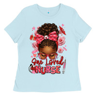 Baby Blue one loved nurse afro messy bun Ladies Tee - texasbilliewilder