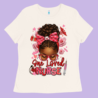 One Loved Nurse Afro Messy Bun Ladies Tee Designed By Texasbilliewilder
