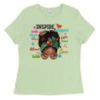 Matcha afro messy bun teach inspire love teacher blessed Ladies Tee - NancyCooperArtShop