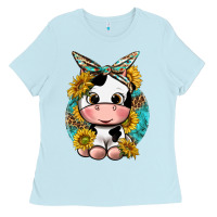 Baby Blue cute cow with sunflower and leopard Ladies Tee - texasbilliewilder