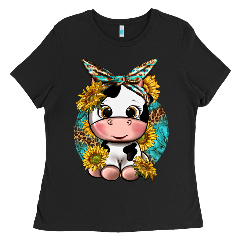 Cute Cow With Sunflower And Leopard Ladies Tee by texasbilliewilder | Teevron