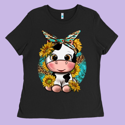 Cute Cow With Sunflower And Leopard Ladies Tee Designed By Texasbilliewilder