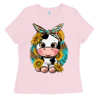 Bubblegum Pink cute cow with sunflower and leopard Ladies Tee - texasbilliewilder