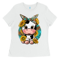 White cute cow with sunflower and leopard Ladies Tee - texasbilliewilder