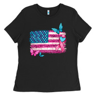 American Flag Breast Cancer With Ribbon Ladies Tee | Teevron