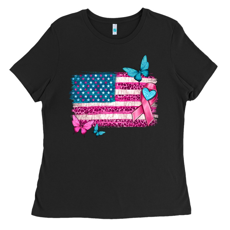 American Flag Breast Cancer With Ribbon Ladies Tee by texasbilliewilder | Teevron